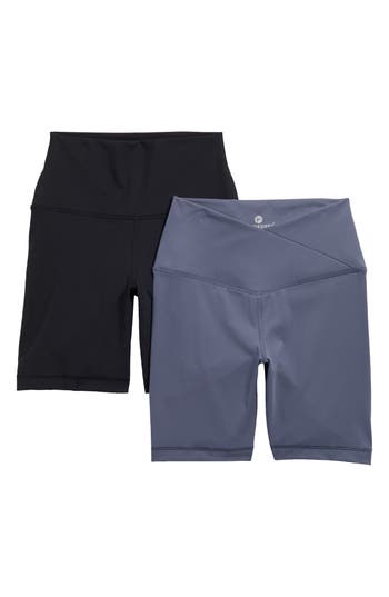 Shop 90 Degree By Reflex 2-pack Lux Crossover High Waist Bike Shorts In Grisaille/black