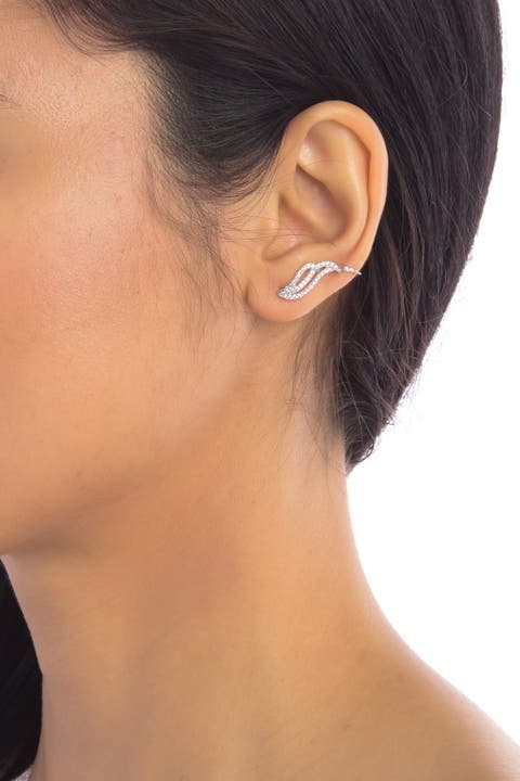 White Rhodium Plated Swarovski Crystal Winged Crawler Earrings