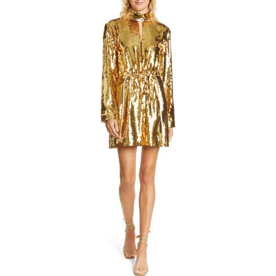 Tibi Avril Contrast Back Sequin Long Sleeve Minidress, Metallic
