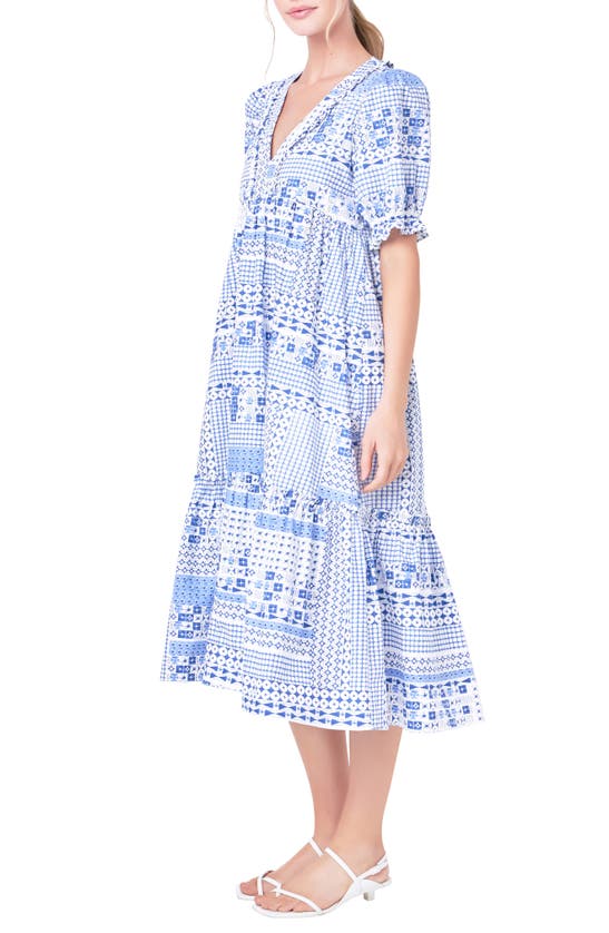 Shop English Factory Patchwork Print Tiered Cotton Midi Dress In Blue