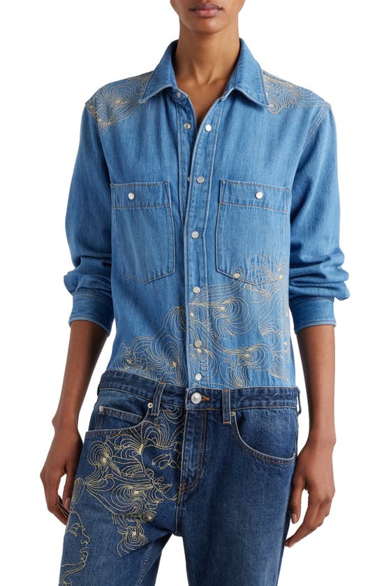 Shop Isabel Marant Imane Embroidered Two-tone Long Sleeve Denim Jumpsuit In Blue