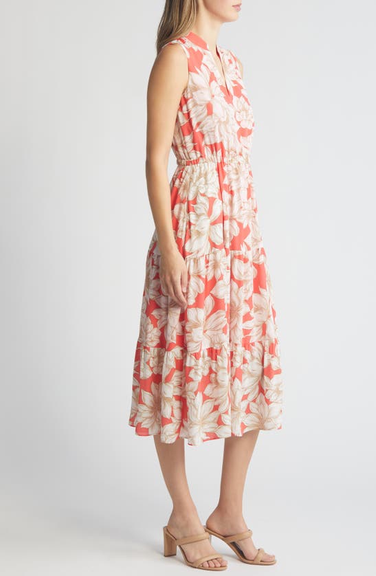 Shop Anne Klein Floral Sleeveless Tiered Midi Dres In Red Pear/ Bright White Multi