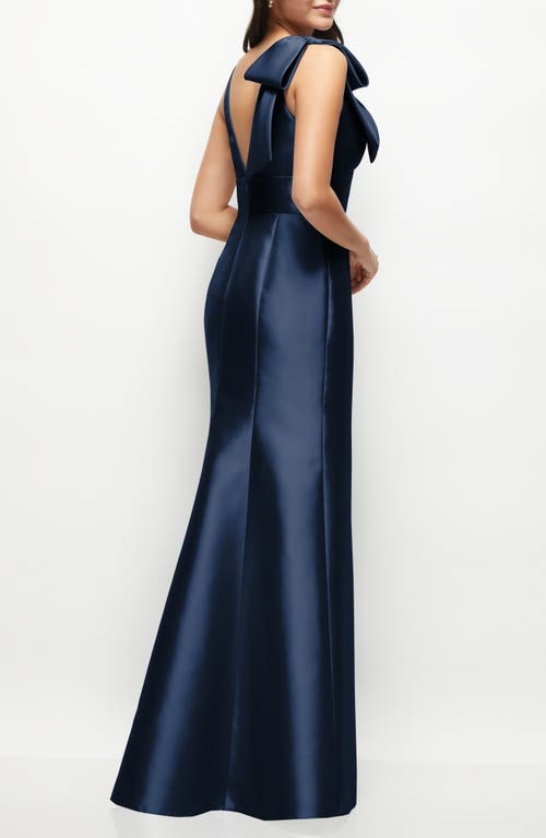 Alfred Sung Deep V-back Satin Trumpet Dress With Cascading Bow At One Shoulder In Midnight