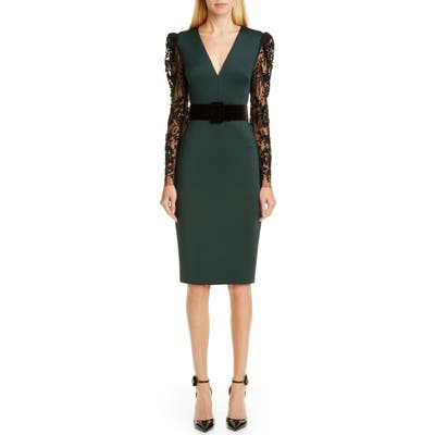 Badgley Mischka Lace Long Sleeve Scuba Sheath Dress, Green