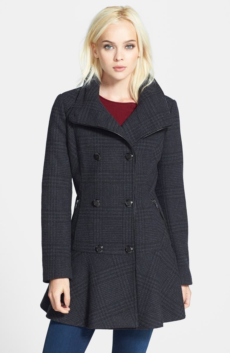 GUESS Plaid Skirted Wool Blend Coat (Online Only) | Nordstrom