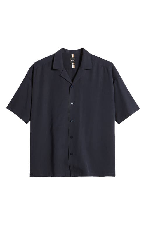 BOSS Drew Relaxed Fit Solid Lyocell Camp Shirt Dark Blue at Nordstrom,