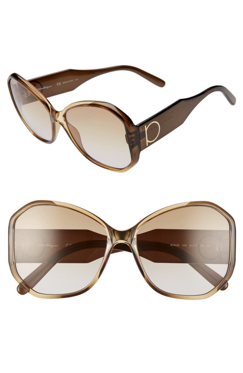 SALVATORE FERRAGAMO Gancio 61mm Butterfly Sunglasses, Main, color, KHAKI BROWN GRADIENT