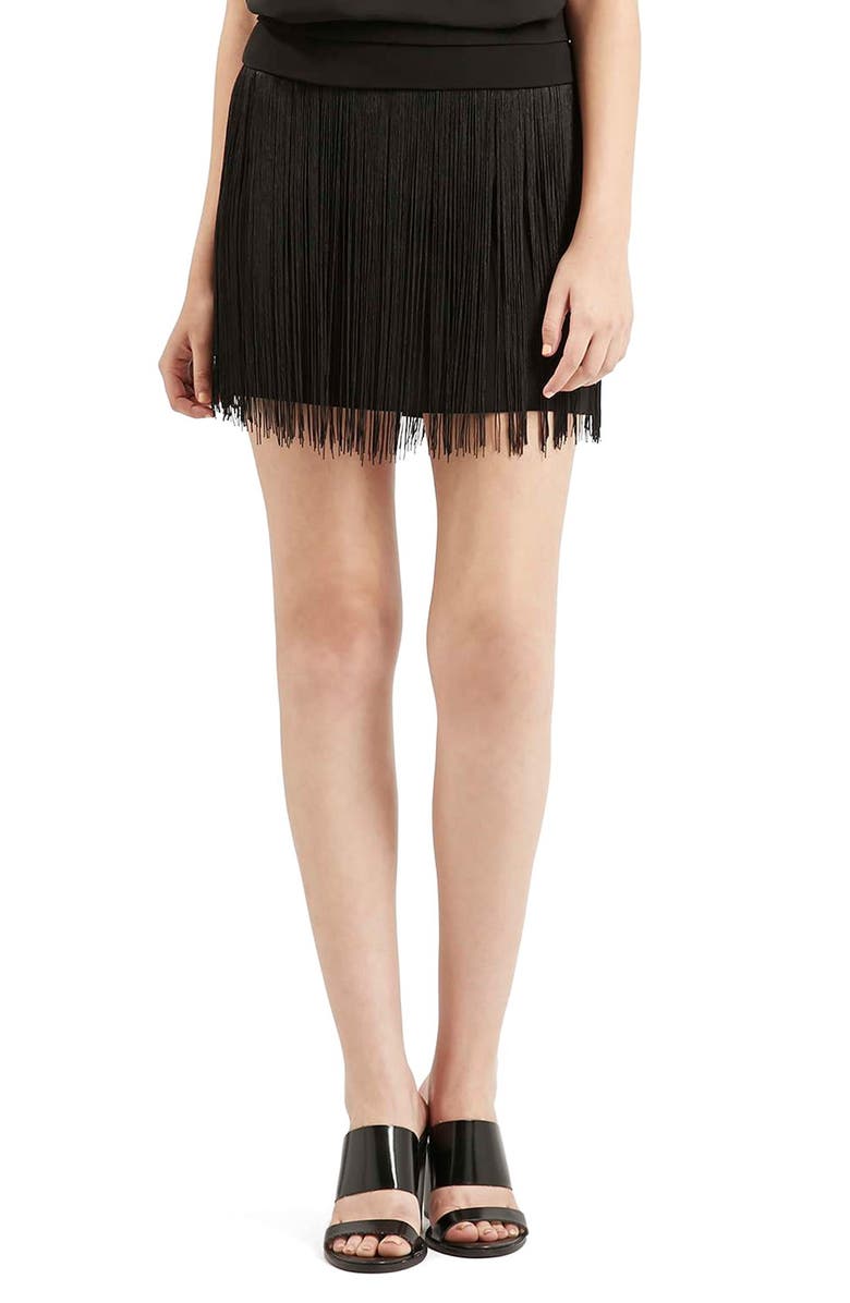 TOPSHOP Fringe Miniskirt, Main, color, Black