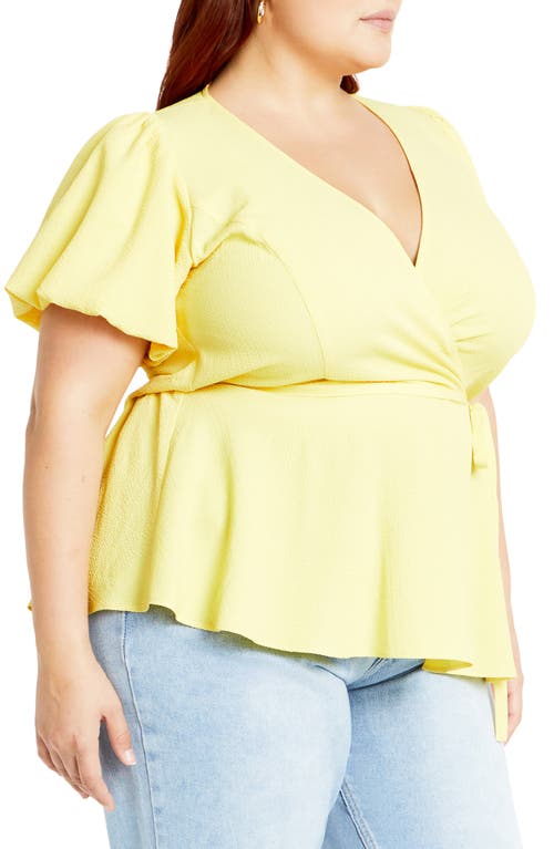 Shop City Chic Christa Puff Sleeve Faux Wrap Top In Buttercup