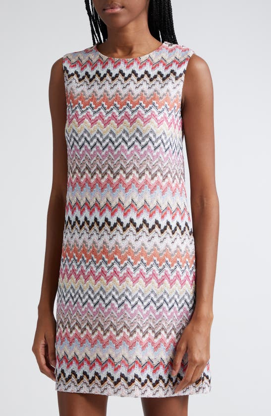 Shop Missoni Chevron Metallic Knit Sleeveless Shift Dress In Pink White Tones Multi