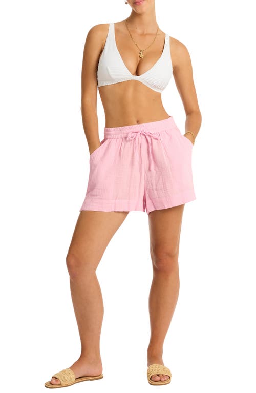 Sunset Beach Cotton Gauze Cover-Up Shorts in Pink