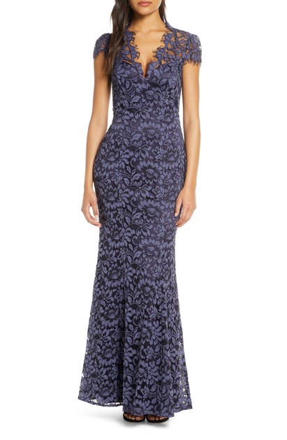 Eliza J Embroidered Lace Trumpet Gown In Midnight | ModeSens