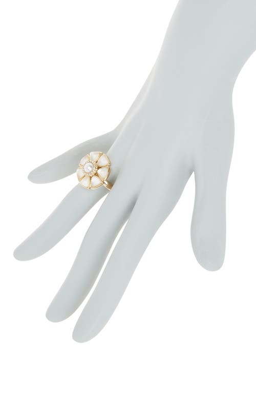 Shop Covet Imitation Pearl & Cz Flower Cocktail Ring In Gold/white
