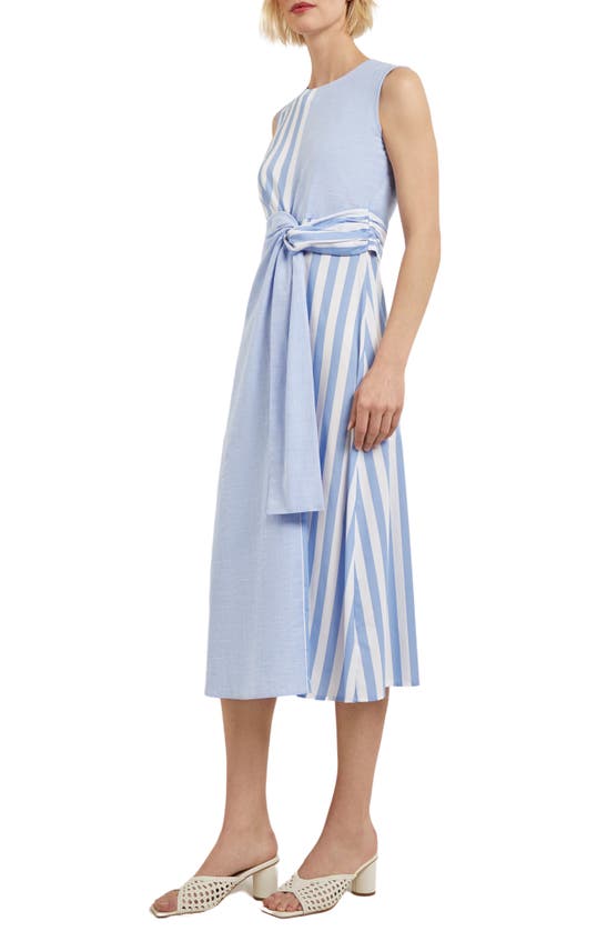 Shop Misook Front Twist Cotton & Linen Midi Dress In Blue/ivory