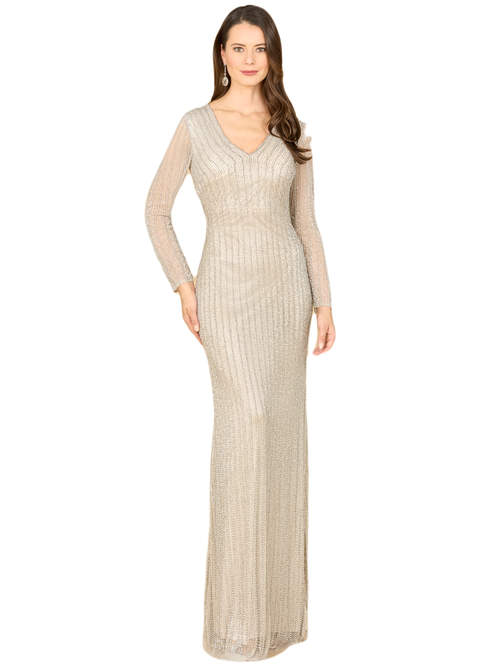 Lara New York Classic V-neck Beaded Long Sleeve Gown In Silver