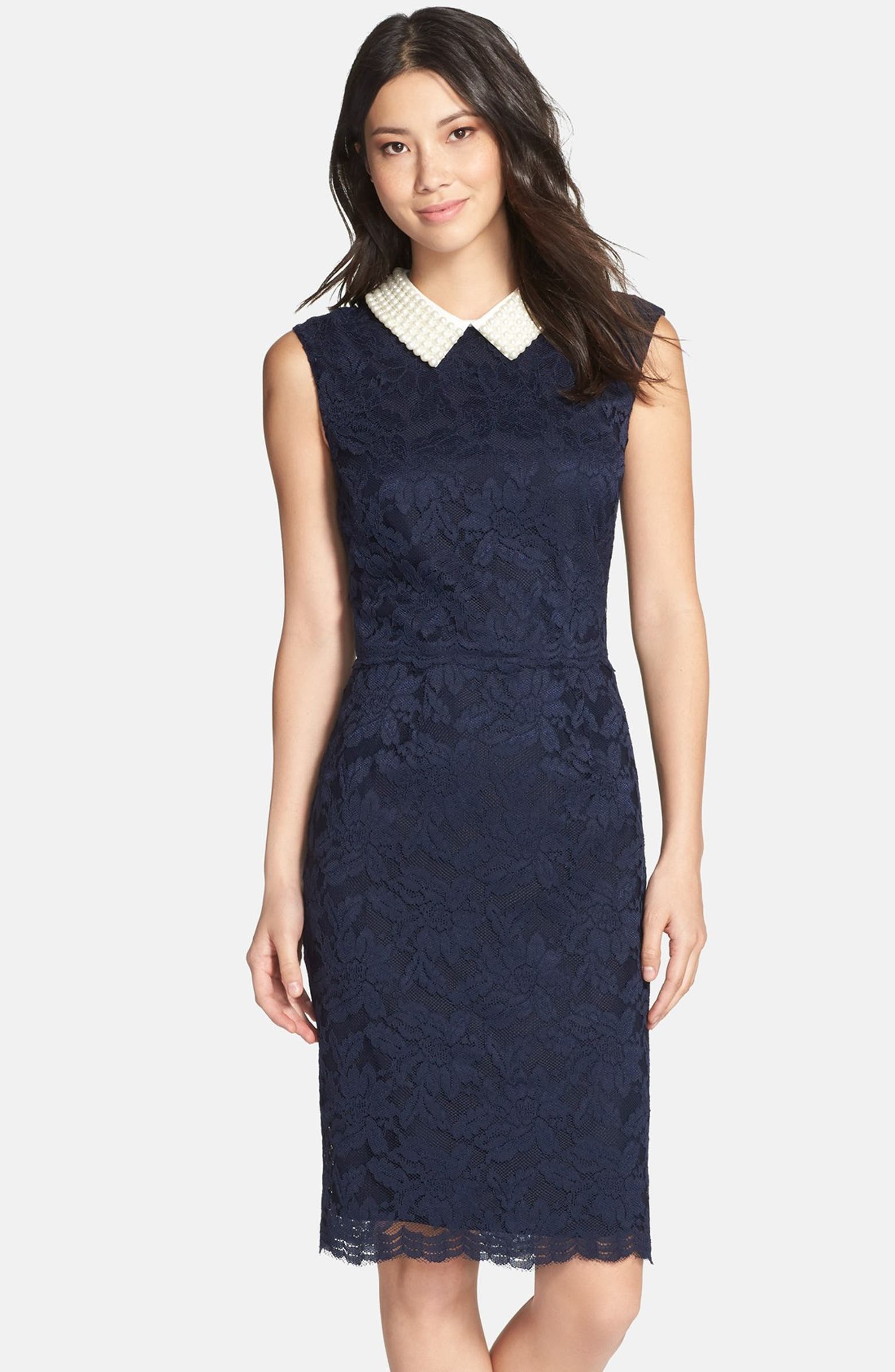 Betsey Johnson Faux Pearl Collar Lace Sheath Dress | Nordstrom