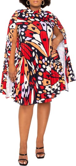 BUXOM COUTURE Butterfly Print Pleated Cape Minidress