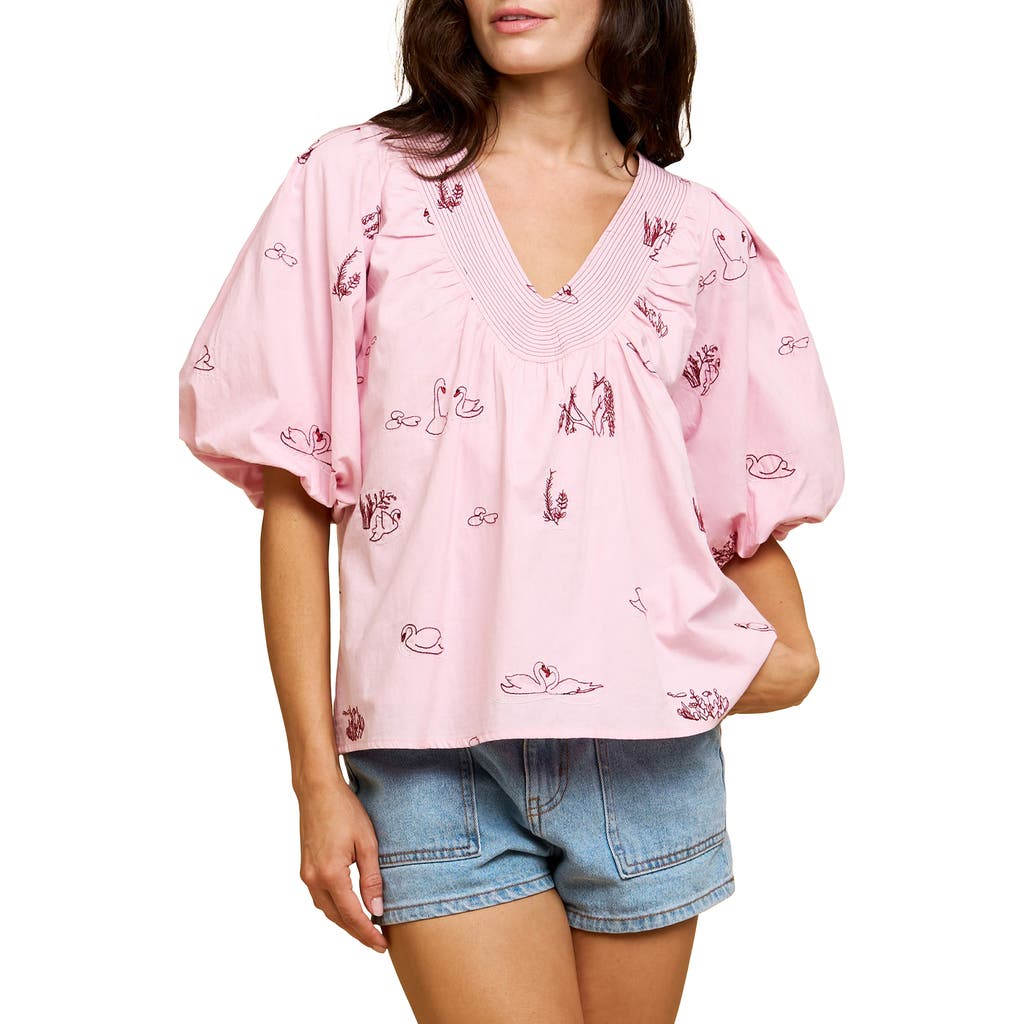 Shop Ciebon Rosa Embroidered Puff Sleeve Top In Pink