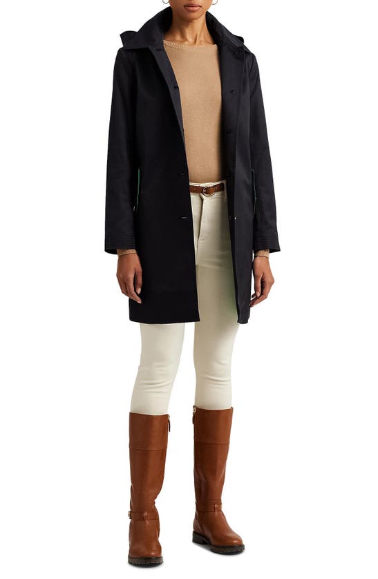 Shop Lauren Ralph Lauren Cotton Blend Coat With Removable Hood In Dark Navy