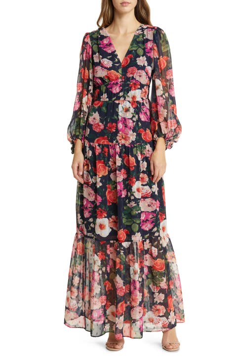 Floral Long Sleeve Chiffon Maxi Dress