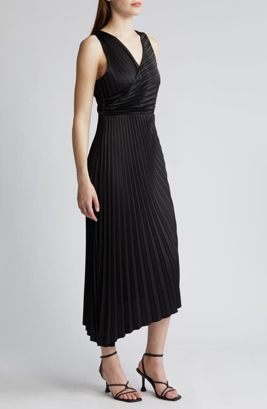 Shop Sam Edelman Pleated Asymmetric Hem Satin Dress In Black