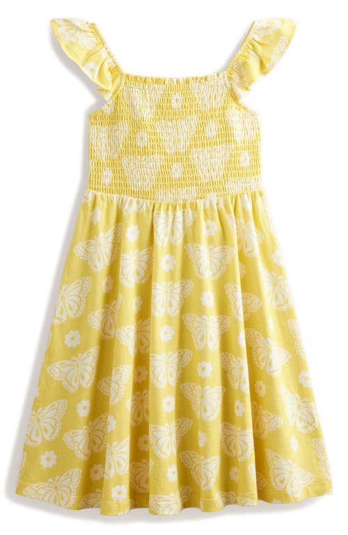 Mini Boden Kids' Print Smocked Sundress In Yellow Butterfly Stamp