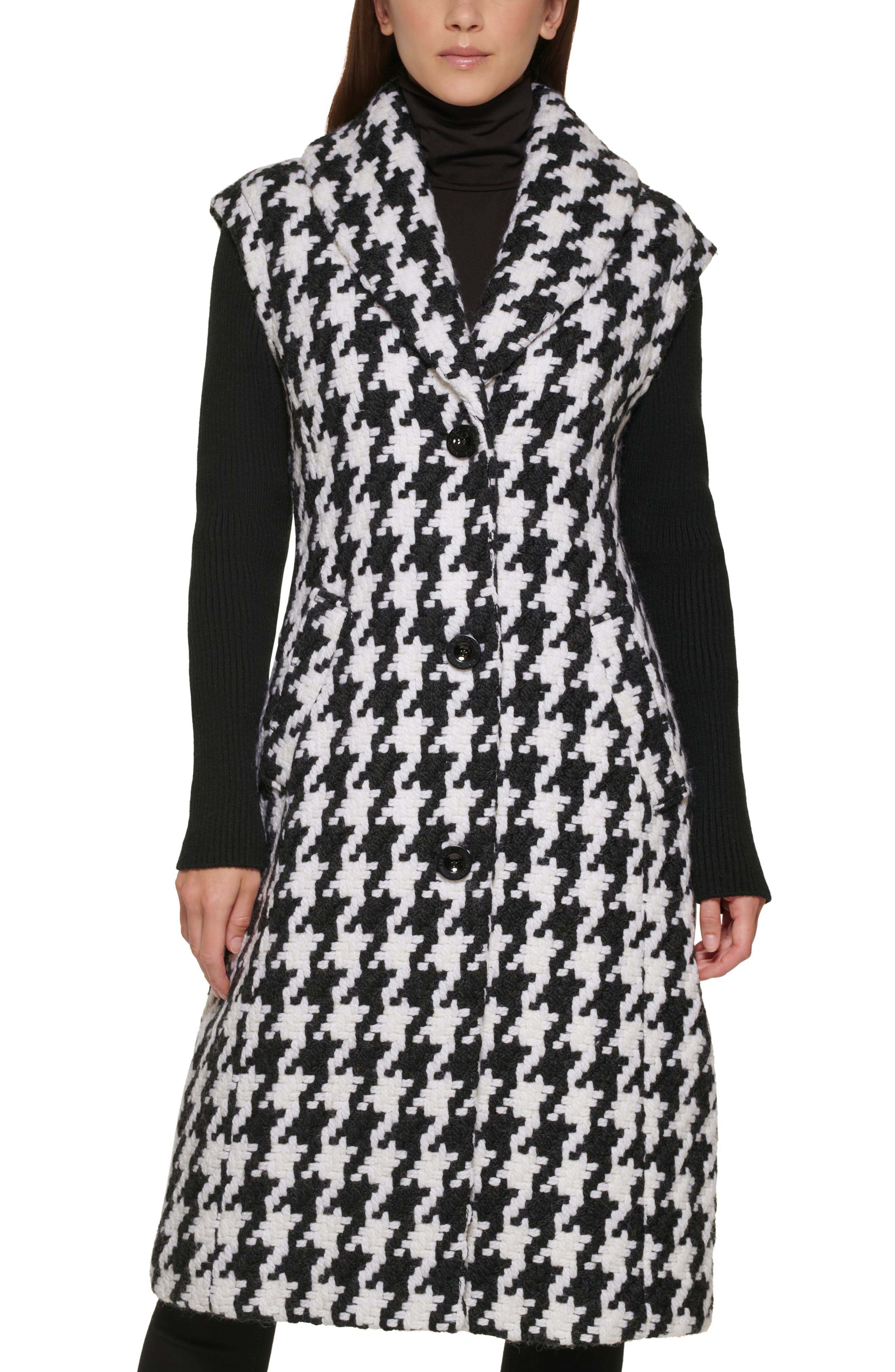 Houndstooth Rib Knit Sleeves Coat 