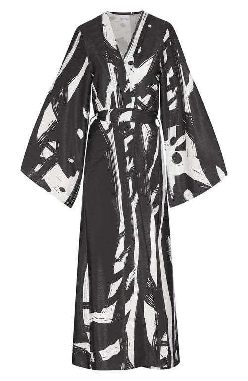 Black Suto Print Awa Long Sleeve Wrap Maxi Dress