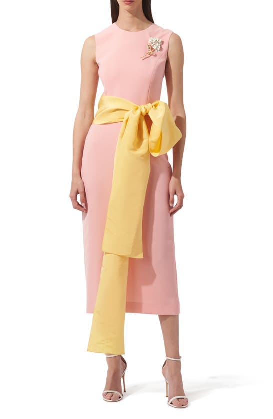 Shop Carolina Herrera Contrast Sash Sleeveless Sheath Dress In Shell Pink Multi