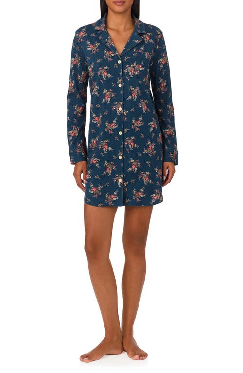 Shop Lauren Ralph Lauren Cotton Blend Sleep Shirt In Navy Print