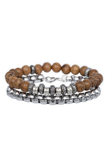 American Exchange Set Of 2 Beaded Stretch Bracelet & Box Chain Bracelet In Beige/silver