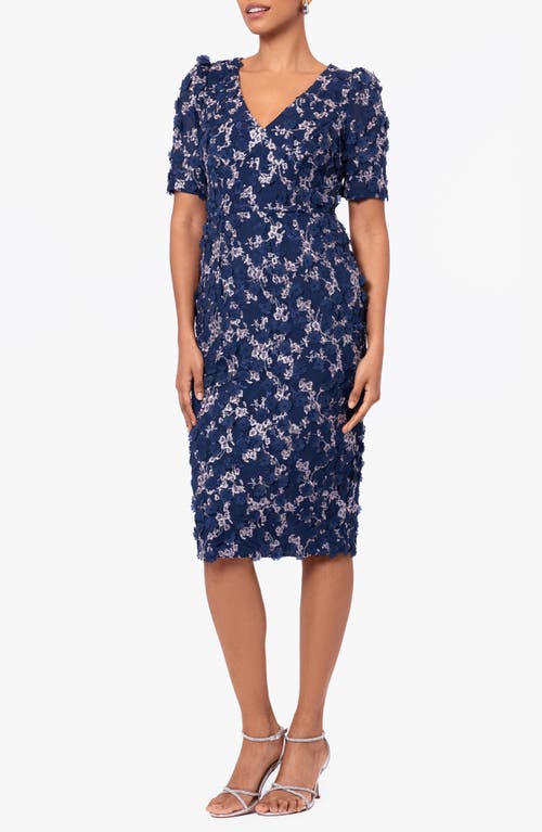 Shop Xscape Evenings Embroidered Floral Sheath Midi Dress In Navy/blush