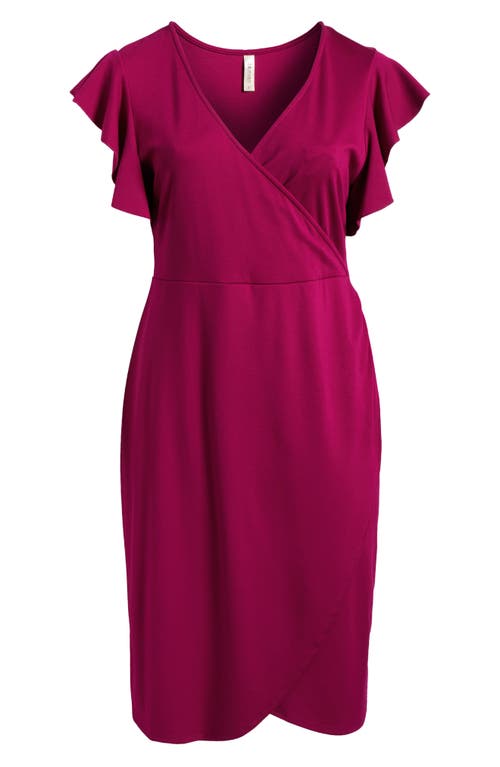 Shop 24seven Comfort Apparel Ruffle Sleeve Stretch Faux Wrap Dress In Magenta