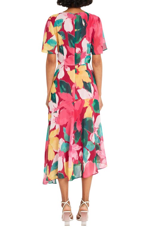 Shop Maggy London Print Flutter Sleeve Asymmetric Midi Dress In Beetroot/yellow Jacket