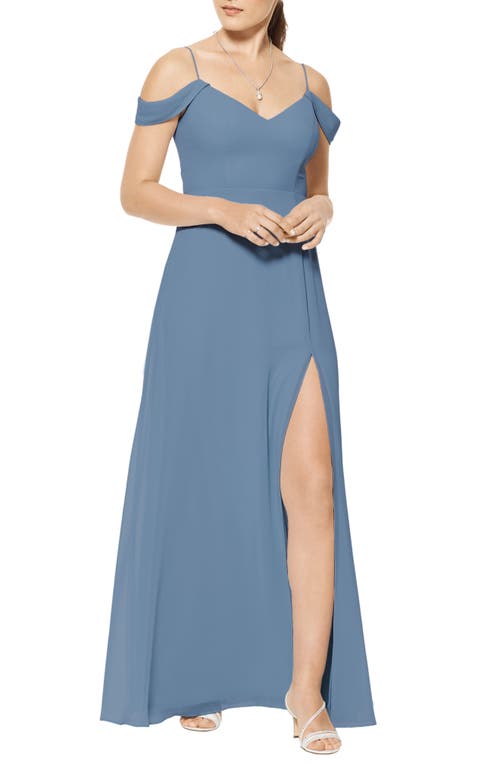 #Levkoff Cold Shoulder A-Line Chiffon Gown in Slate