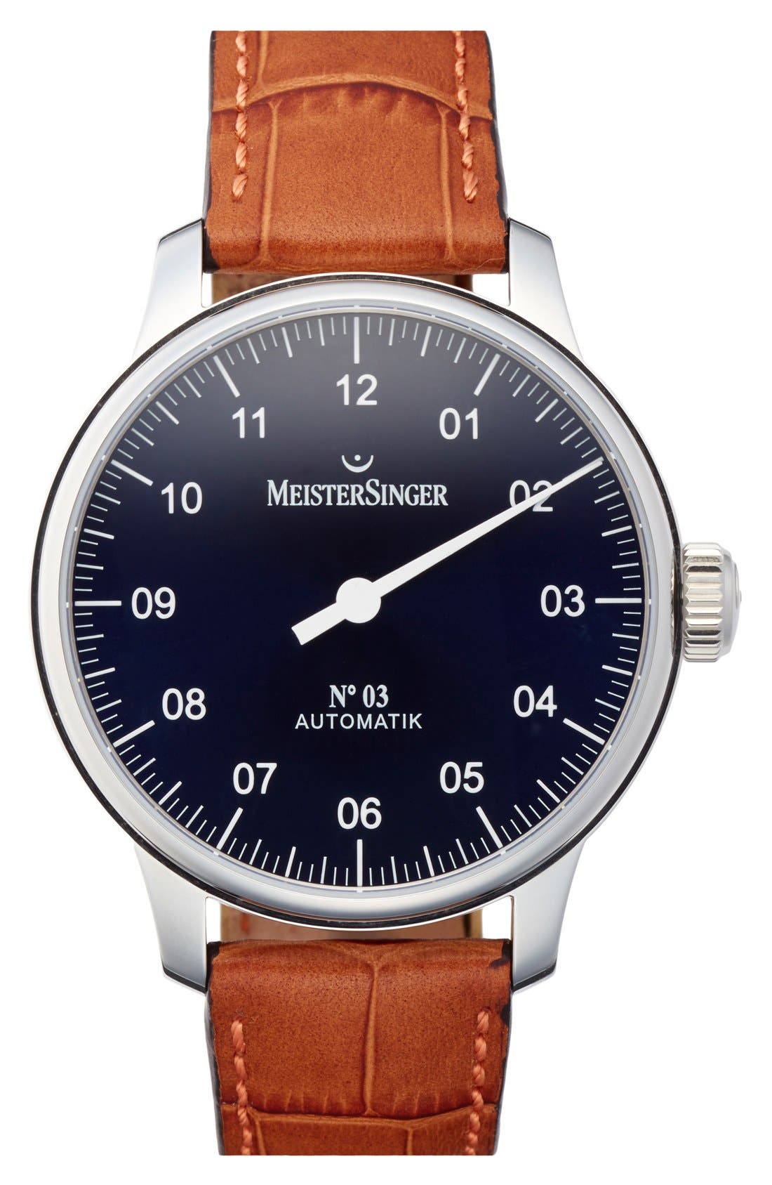 MeisterSinger 'No.03' Automatic Single Hand Leather Strap Watch, 43mm