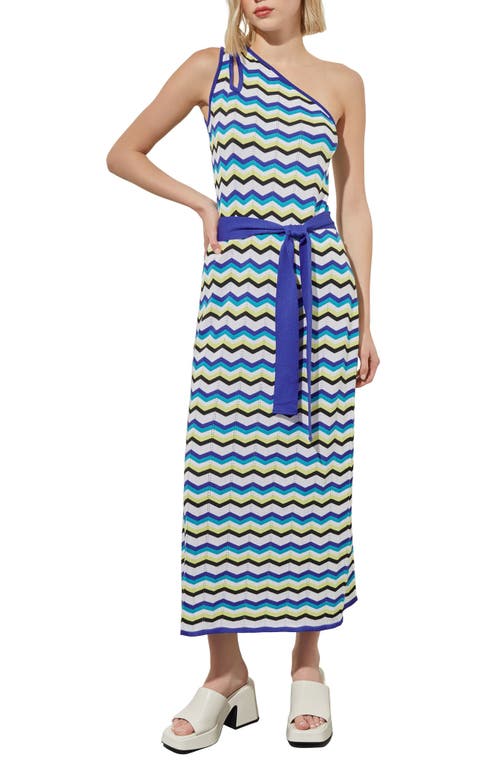 Ming Wang One-shoulder Chevron Stitch Maxi Sweater Dress In Grey/bering/saphire