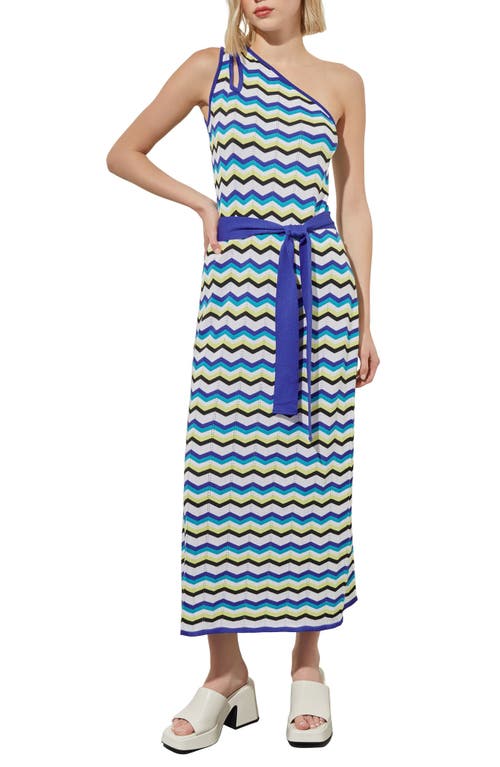 Ming Wang One-shoulder Chevron Stitch Maxi Jumper Dress In Grey/bering/saphire