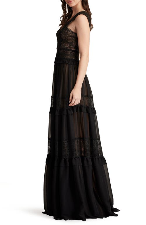 Shop Tadashi Shoji Sleeveless Tiered Lace & Tulle Gown In Black