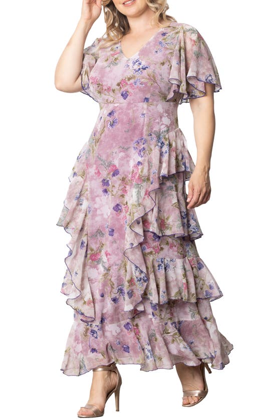Shop Kiyonna Tour De Flounce Tiered Maxi Dress In Lilac Floral Print