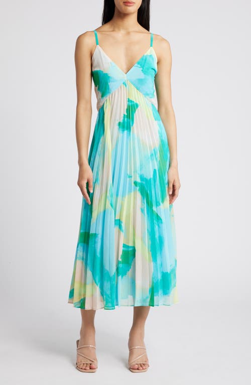 Floral Pleated Sundress in Pink- Teal Painterly Abstract