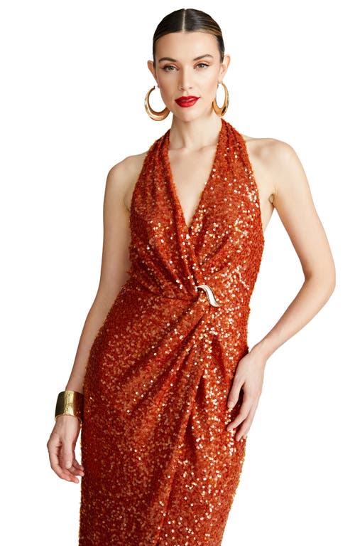 Shop Halston Svetlana Foil Sequin Halter Gown In Rooibos