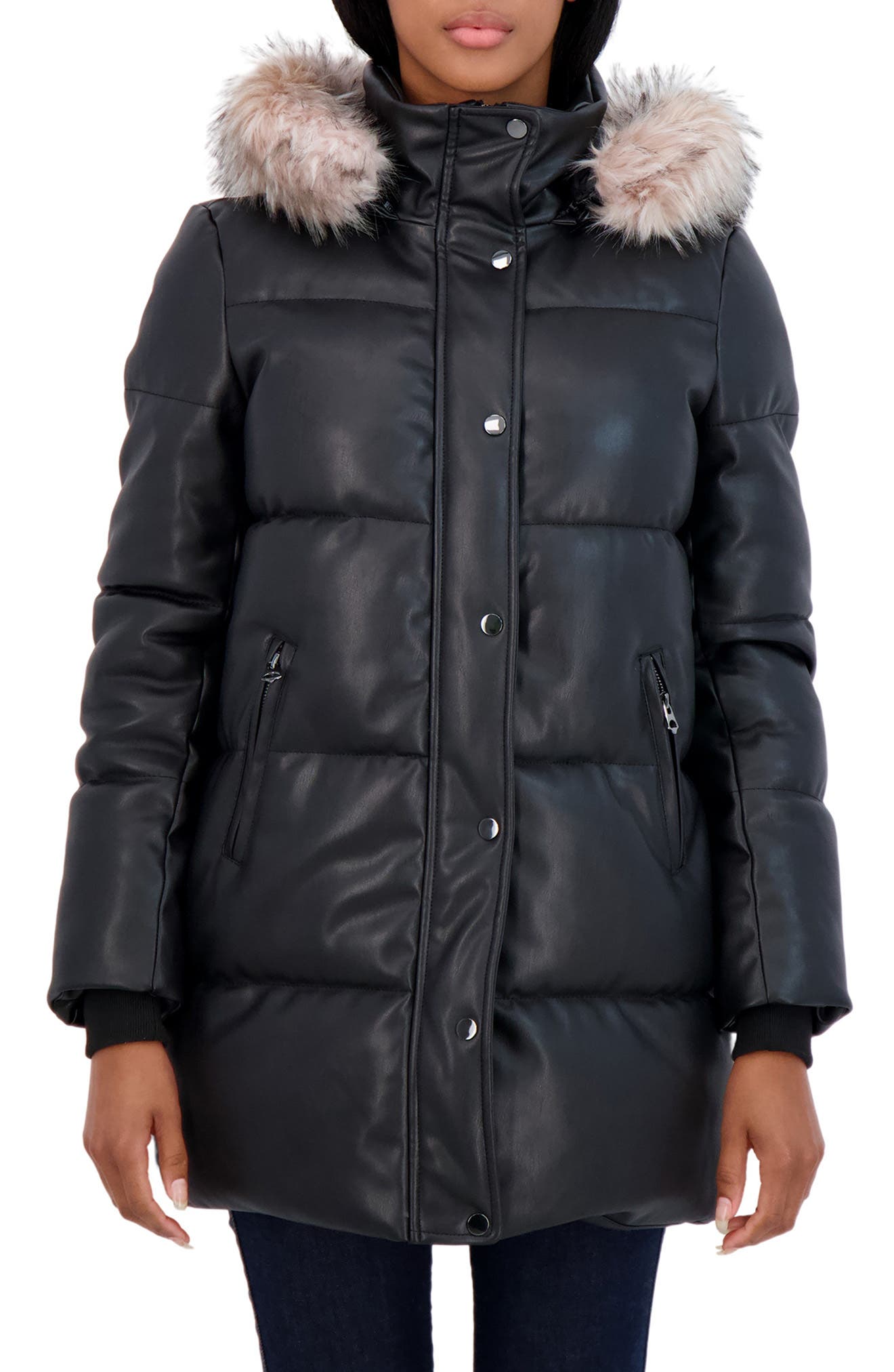 SEBBY Faux Leather Faux Fur Hooded Puffer Jacket Nordstromrack