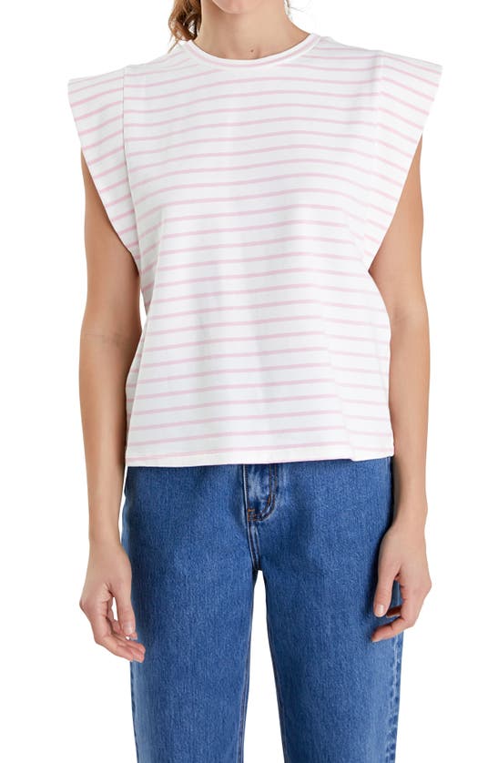 Shop English Factory Stripe Extended Shoulder T-shirt In White/ Pink