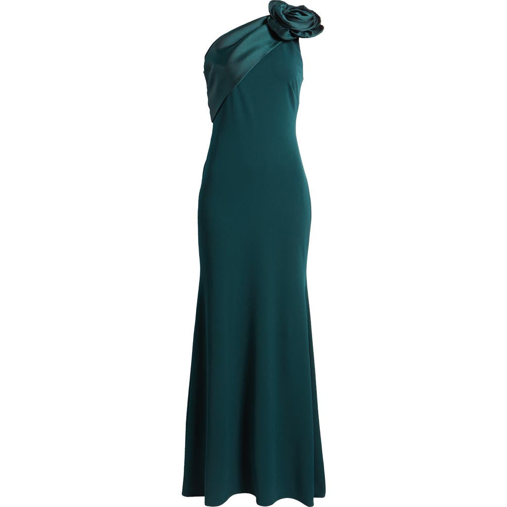 Betsy & Adam Rosette One-shoulder Crepe Trumpet Gown In Pine