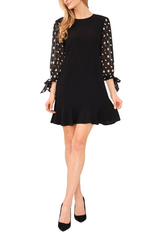 CeCe Embroidered Mixed Media Shift Dress Rich Black at Nordstrom,