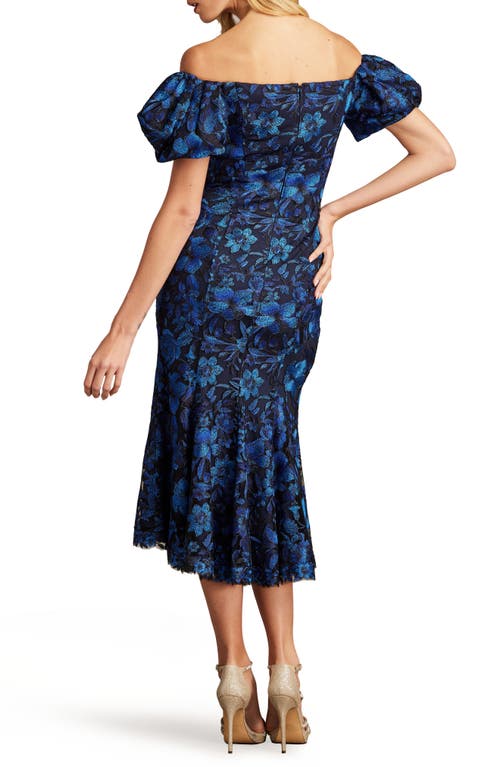 Shop Tadashi Shoji Embroidered Floral Off The Shoulder Midi Dress In Midnight