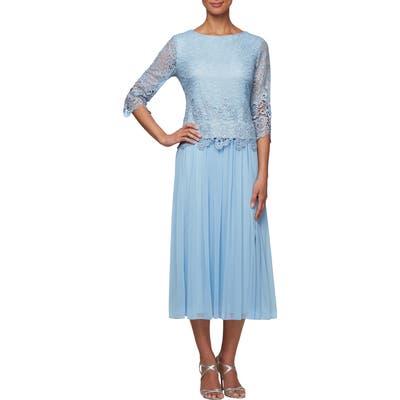 Petite Alex Evenings Lace & Tulle Popover Dress, Blue