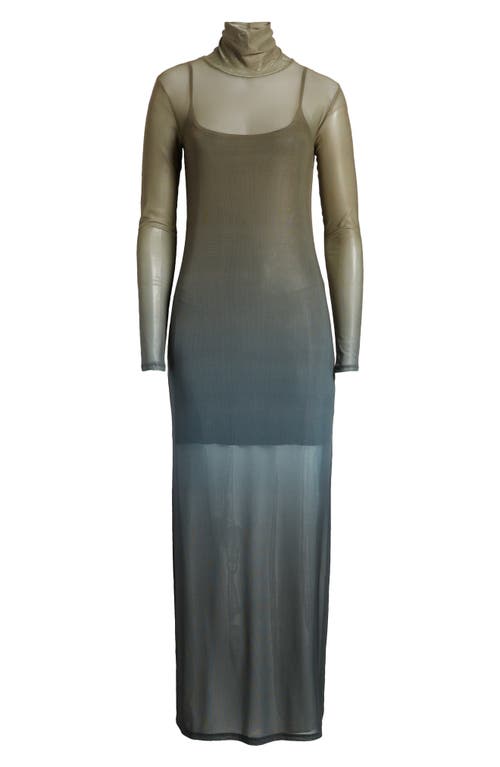 Shop Open Edit Ombré Long Sleeve Mesh Maxi Dress In Olive Multi Ombre