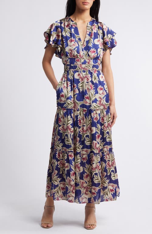 Shop Julia Jordan Orchid Print Flutter Sleeve Satin Dress In Blue Multi